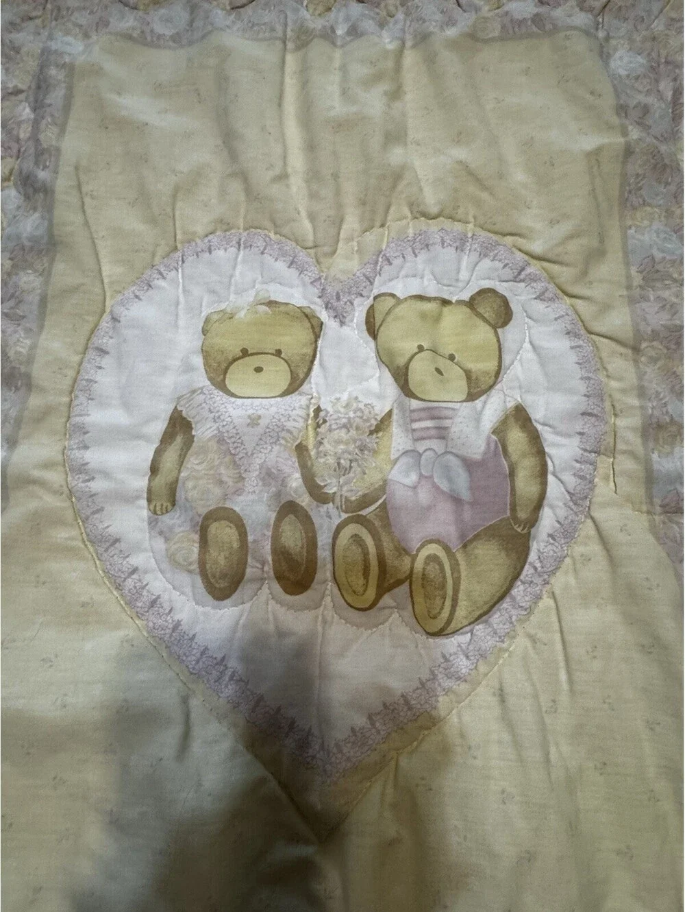 Vintage Junior Custom Quilting Mfg. Crib Quilt Teddy Bears Ruffled Quilted